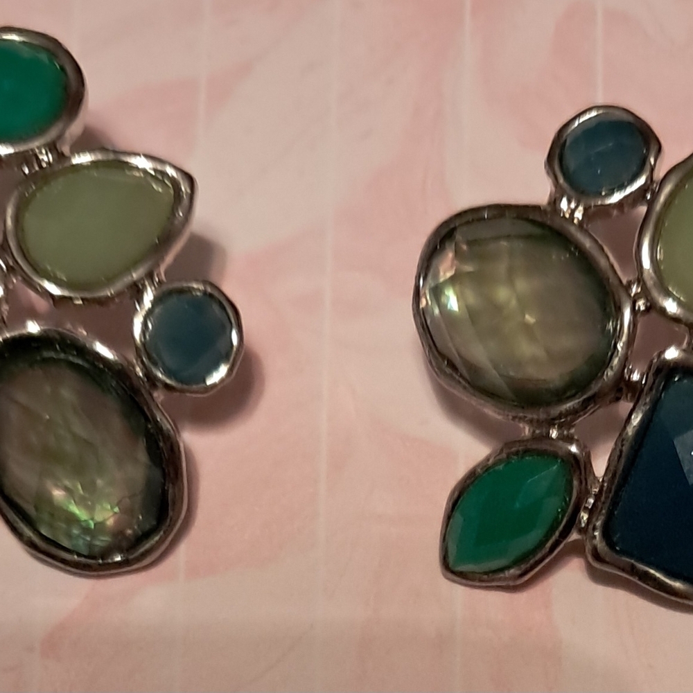 Source Unknown Elegant Silver Earrings with Green and Blue Accents